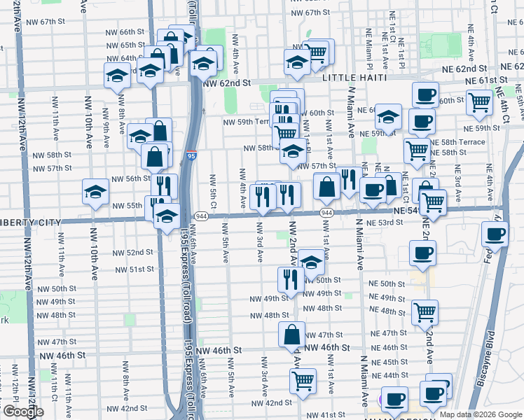 map of restaurants, bars, coffee shops, grocery stores, and more near 297 Northwest 54th Street in Miami