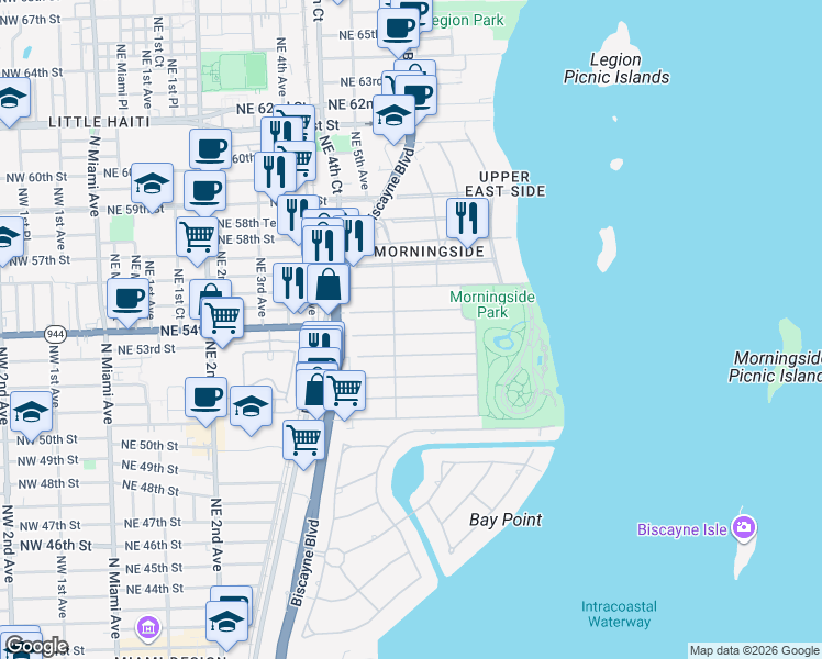 map of restaurants, bars, coffee shops, grocery stores, and more near 541 Northeast 53rd Street in Miami