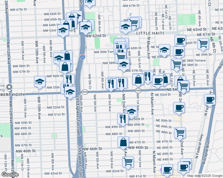 map of restaurants, bars, coffee shops, grocery stores, and more near 5411 Northwest 3rd Avenue in Miami