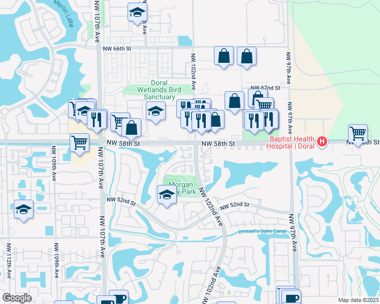 map of restaurants, bars, coffee shops, grocery stores, and more near 10229 Northwest 57th Street in Doral
