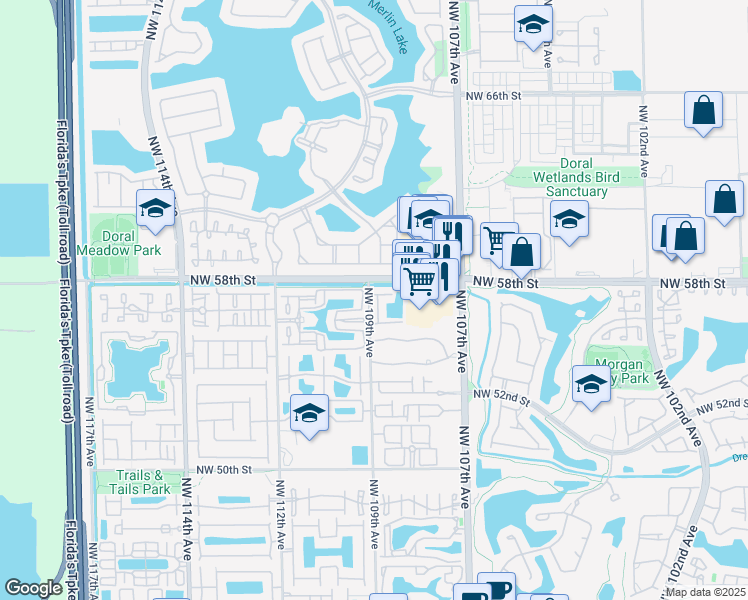 map of restaurants, bars, coffee shops, grocery stores, and more near 5755 Northwest 109th Avenue in Doral