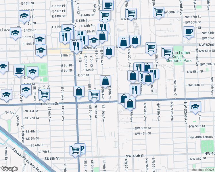 map of restaurants, bars, coffee shops, grocery stores, and more near 300 East 10th Court in Hialeah