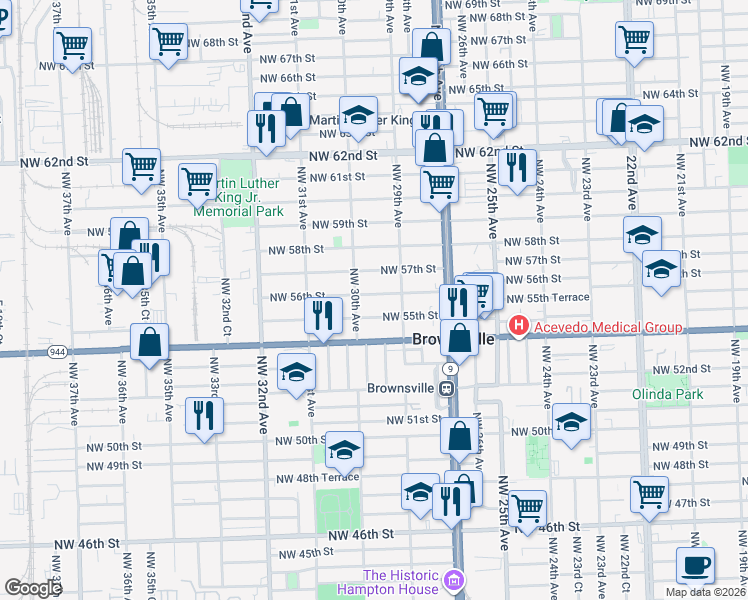 map of restaurants, bars, coffee shops, grocery stores, and more near 2960 Northwest 56th Street in Miami