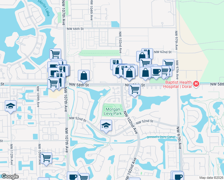 map of restaurants, bars, coffee shops, grocery stores, and more near 10254 Northwest 57th Terrace in Doral