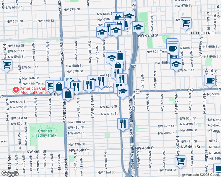 map of restaurants, bars, coffee shops, grocery stores, and more near 5497 Northwest 7th Court in Miami