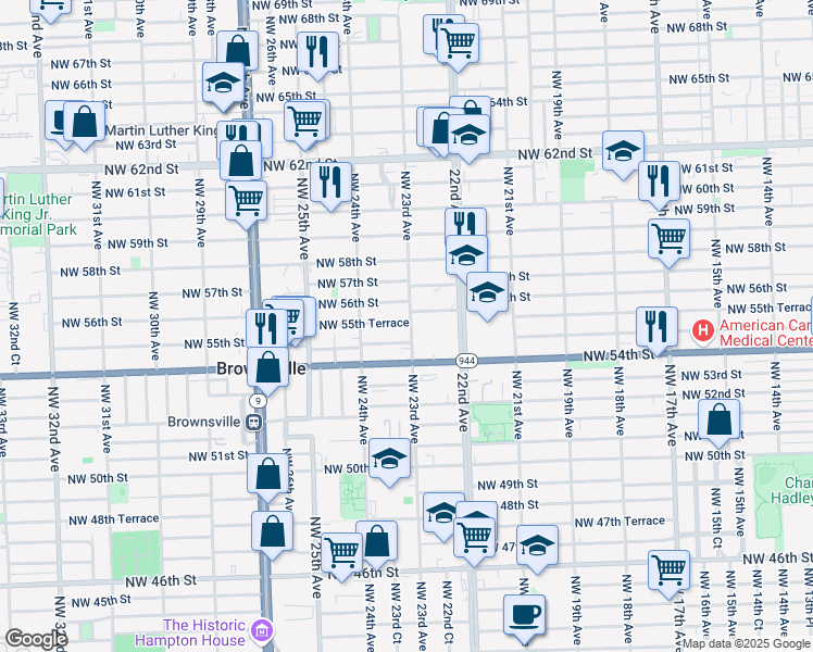 map of restaurants, bars, coffee shops, grocery stores, and more near 5528 Northwest 23rd Avenue in Miami