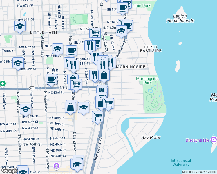 map of restaurants, bars, coffee shops, grocery stores, and more near 5402 Biscayne Boulevard in Miami