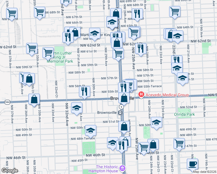 map of restaurants, bars, coffee shops, grocery stores, and more near 2850 Northwest 56th Street in Miami