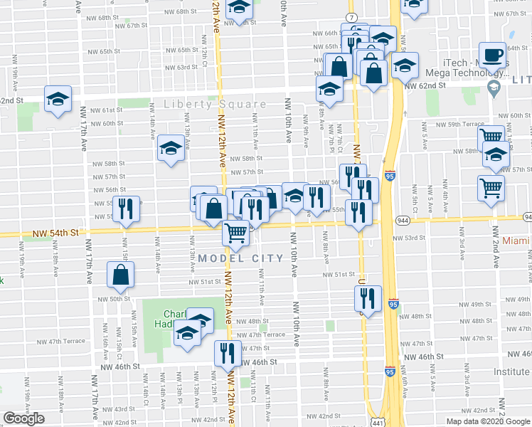 map of restaurants, bars, coffee shops, grocery stores, and more near 1086 Northwest 55th Street in Miami