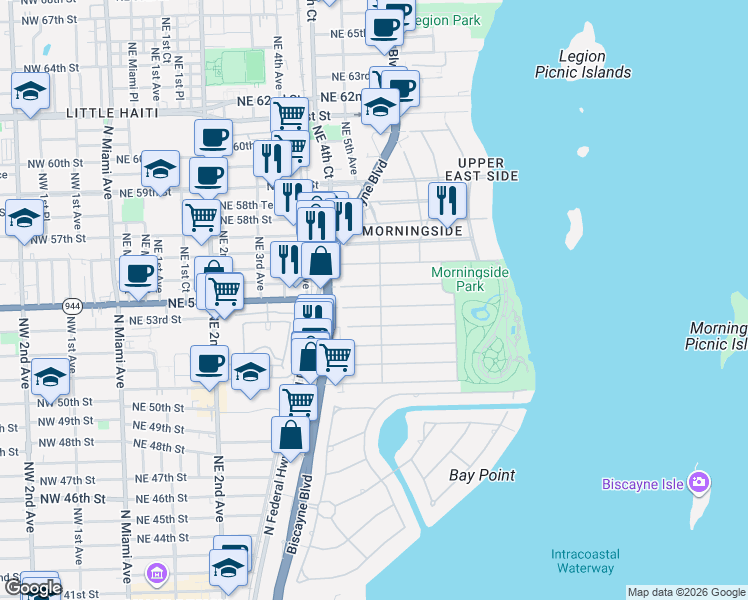 map of restaurants, bars, coffee shops, grocery stores, and more near 441 Northeast 53rd Street in Miami