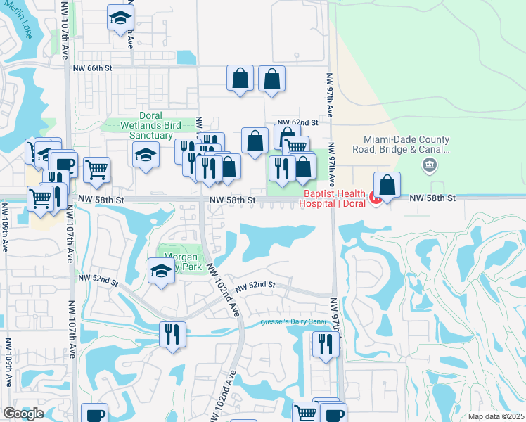 map of restaurants, bars, coffee shops, grocery stores, and more near 5569 Northwest 99th Avenue in Doral