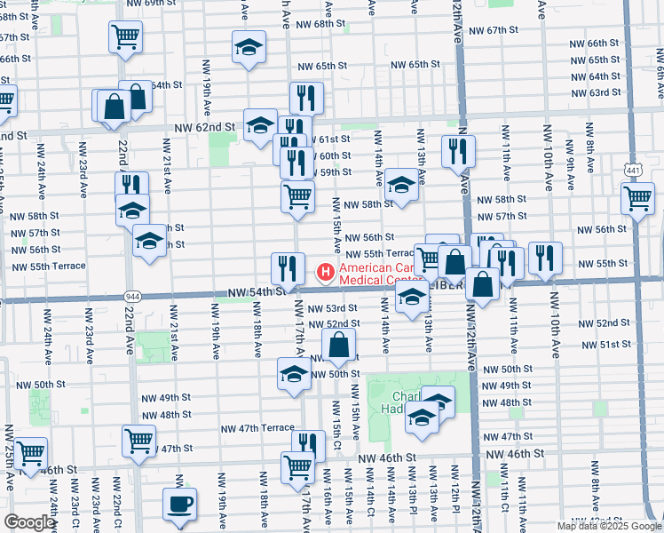 map of restaurants, bars, coffee shops, grocery stores, and more near 1515 Northwest 55th Street in Miami