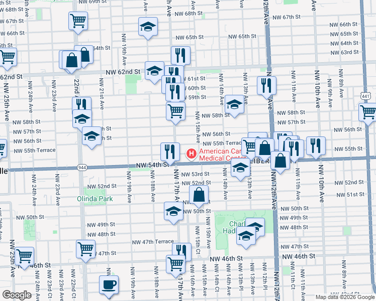 map of restaurants, bars, coffee shops, grocery stores, and more near 1515 Northwest 55th Street in Miami