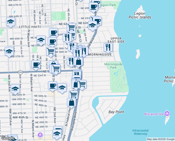 map of restaurants, bars, coffee shops, grocery stores, and more near 441 Northeast 53rd Street in Miami
