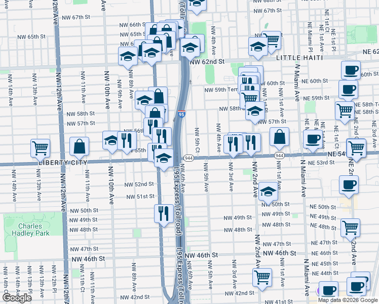 map of restaurants, bars, coffee shops, grocery stores, and more near in Miami