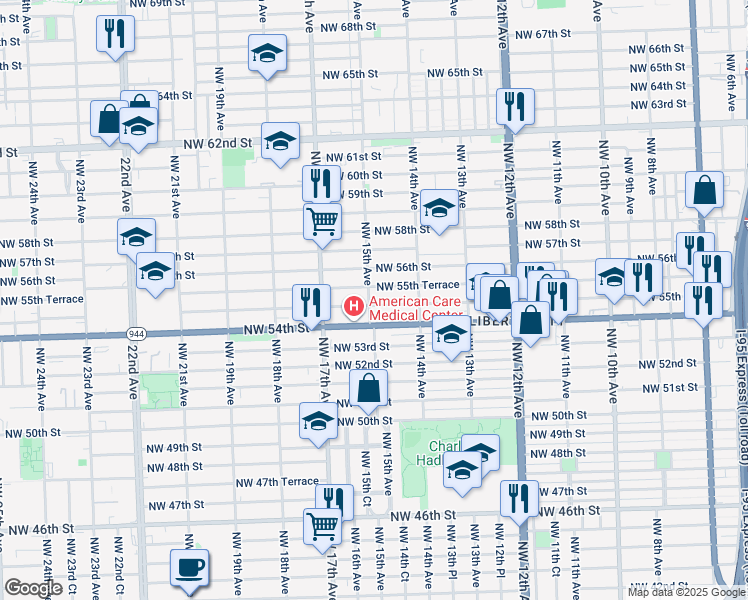 map of restaurants, bars, coffee shops, grocery stores, and more near 1515 Northwest 55th Street in Miami