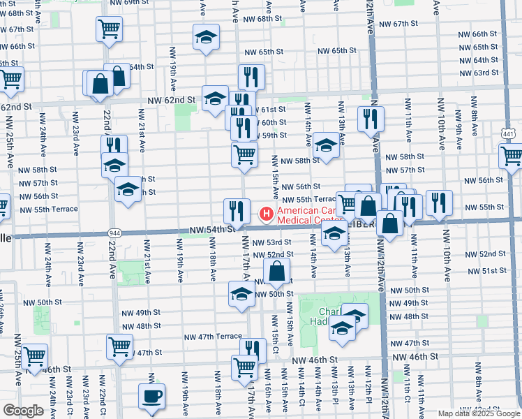 map of restaurants, bars, coffee shops, grocery stores, and more near 1515 Northwest 55th Street in Miami