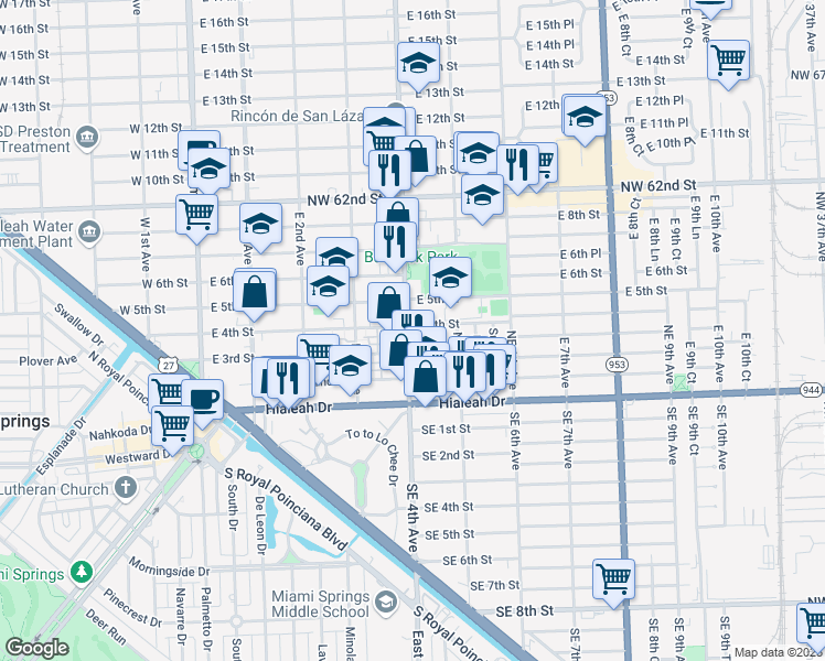 map of restaurants, bars, coffee shops, grocery stores, and more near 391 East 4th Avenue in Hialeah