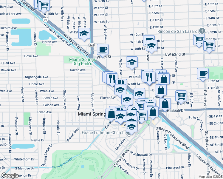 map of restaurants, bars, coffee shops, grocery stores, and more near 392 North Royal Poinciana Boulevard in Miami Springs