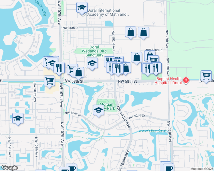map of restaurants, bars, coffee shops, grocery stores, and more near 10229 Northwest 57th Street in Doral