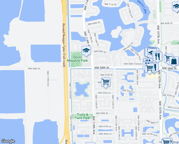 map of restaurants, bars, coffee shops, grocery stores, and more near 5740 Northwest 113th Place in Doral