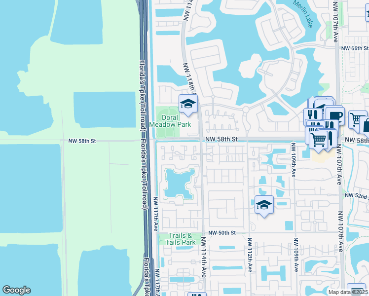 map of restaurants, bars, coffee shops, grocery stores, and more near 5743 Northwest 114th Path in Doral