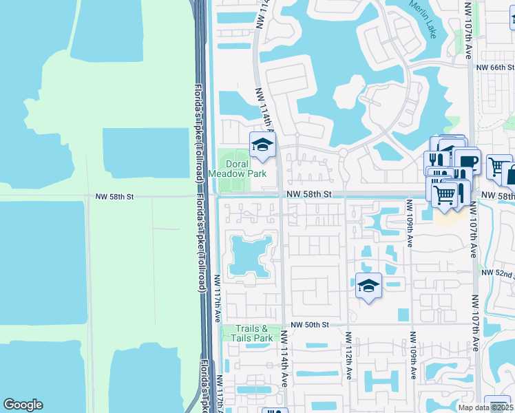 map of restaurants, bars, coffee shops, grocery stores, and more near 5725 Northwest 114th Path in Doral