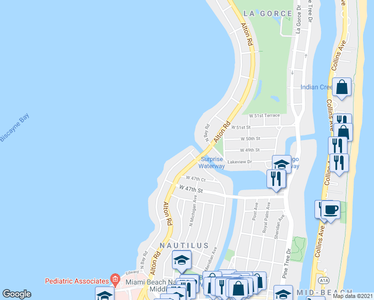 map of restaurants, bars, coffee shops, grocery stores, and more near 4800 North Bay Road in Miami Beach