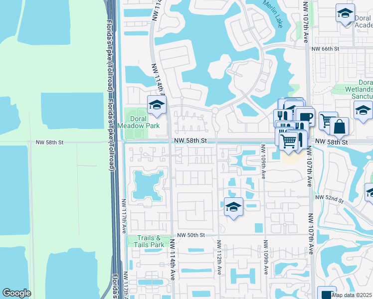 map of restaurants, bars, coffee shops, grocery stores, and more near 5758 Northwest 113th Avenue in Doral