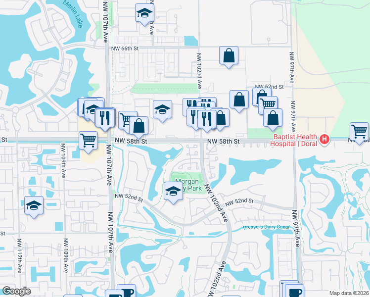 map of restaurants, bars, coffee shops, grocery stores, and more near 10254 Northwest 57th Terrace in Doral