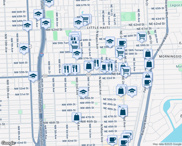 map of restaurants, bars, coffee shops, grocery stores, and more near 71 Northwest 54th Street in Miami
