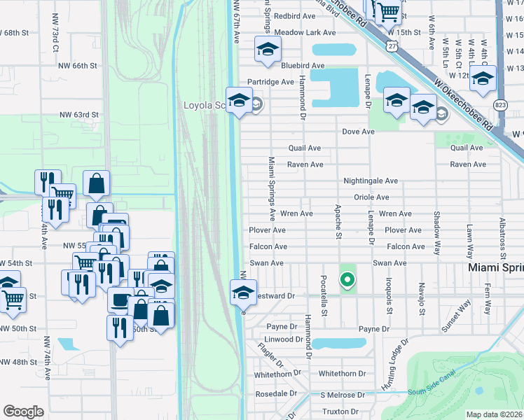 map of restaurants, bars, coffee shops, grocery stores, and more near 1211 Wren Avenue in Miami Springs