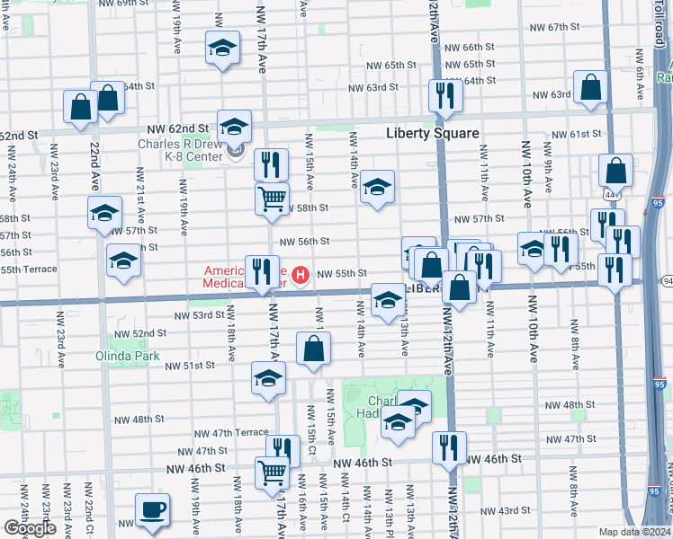 map of restaurants, bars, coffee shops, grocery stores, and more near 1453 Northwest 55th Street in Miami