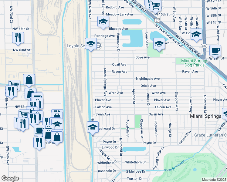 map of restaurants, bars, coffee shops, grocery stores, and more near 1131 Wren Avenue in Miami Springs