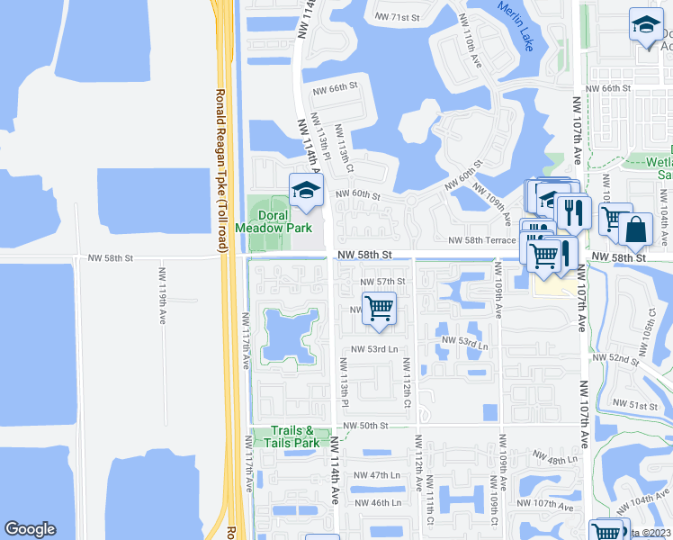 map of restaurants, bars, coffee shops, grocery stores, and more near 5740 Northwest 113th Place in Doral