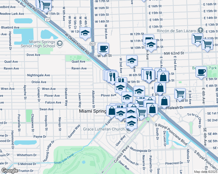 map of restaurants, bars, coffee shops, grocery stores, and more near 392 North Royal Poinciana Boulevard in Miami Springs
