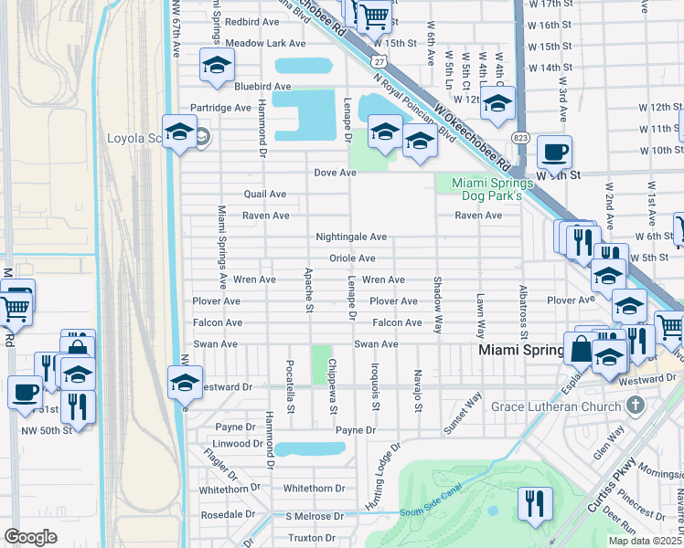 map of restaurants, bars, coffee shops, grocery stores, and more near 911 Wren Avenue in Miami Springs