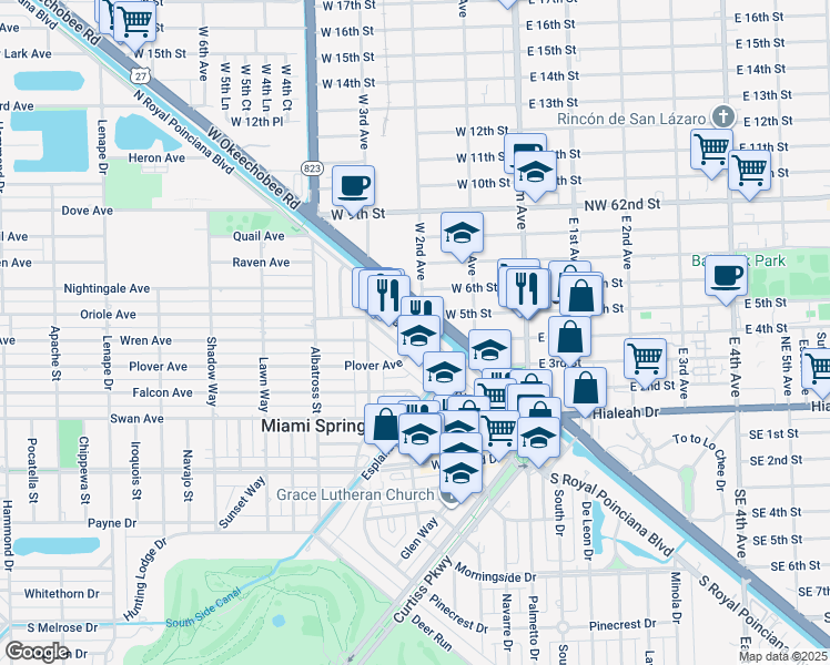 map of restaurants, bars, coffee shops, grocery stores, and more near 405 Swallow Drive in Miami Springs