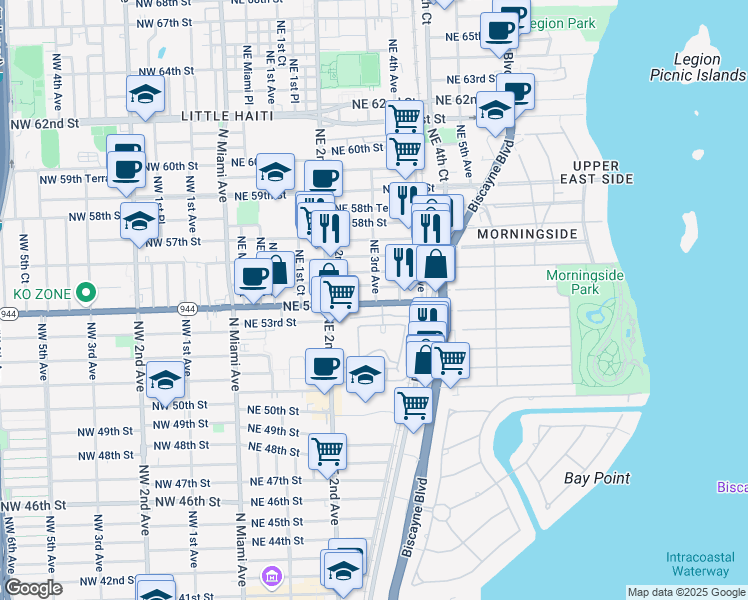 map of restaurants, bars, coffee shops, grocery stores, and more near 297 Northeast 54th Street in Miami