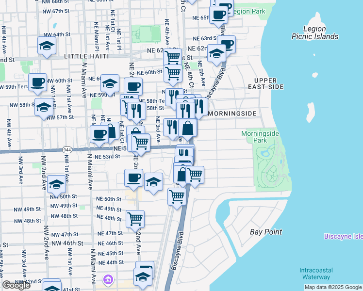 map of restaurants, bars, coffee shops, grocery stores, and more near 360 Northeast 54th Street in Miami