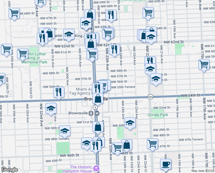 map of restaurants, bars, coffee shops, grocery stores, and more near 2559 Northwest 55th Terrace in Miami