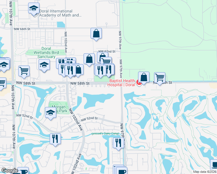 map of restaurants, bars, coffee shops, grocery stores, and more near 5754 Northwest 98th Avenue in Doral