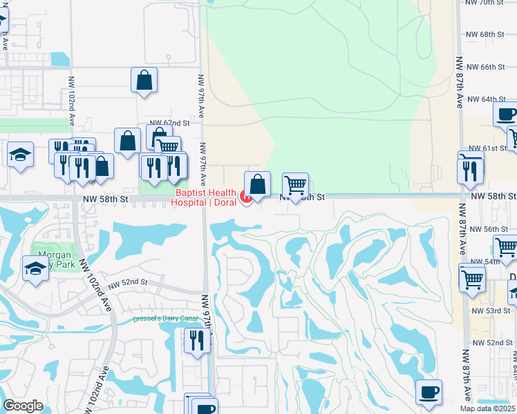 map of restaurants, bars, coffee shops, grocery stores, and more near 9450 Northwest 58th Street in Miami