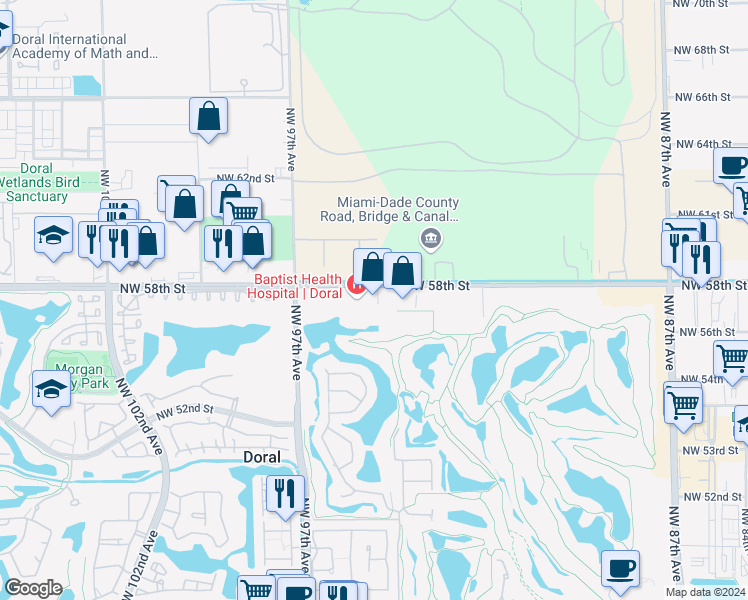 map of restaurants, bars, coffee shops, grocery stores, and more near 9450 Northwest 58th Street in Miami