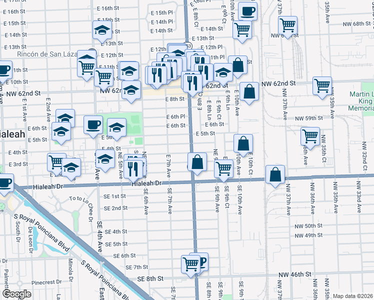 map of restaurants, bars, coffee shops, grocery stores, and more near 811 Northeast 3rd Place in Hialeah