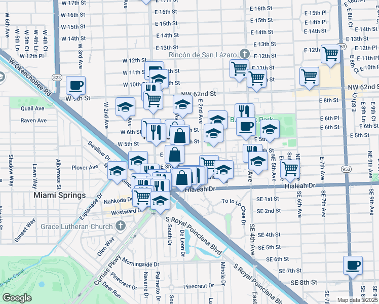 map of restaurants, bars, coffee shops, grocery stores, and more near 145 East 4th Street in Hialeah