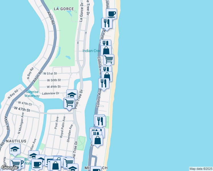map of restaurants, bars, coffee shops, grocery stores, and more near 5001 Collins Avenue in Miami Beach