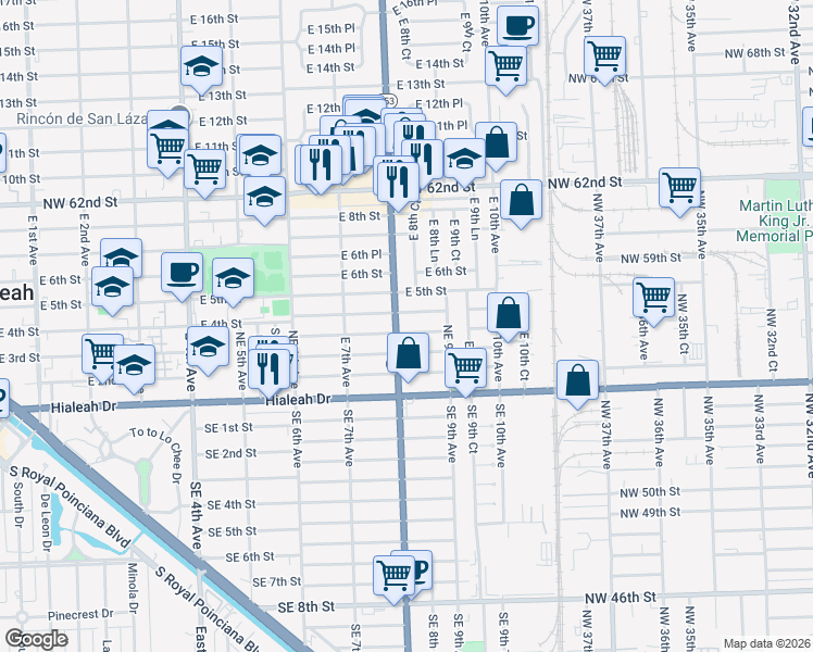 map of restaurants, bars, coffee shops, grocery stores, and more near 811 Northeast 3rd Place in Hialeah
