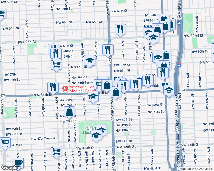 map of restaurants, bars, coffee shops, grocery stores, and more near 1235 Northwest 55th Street in Miami
