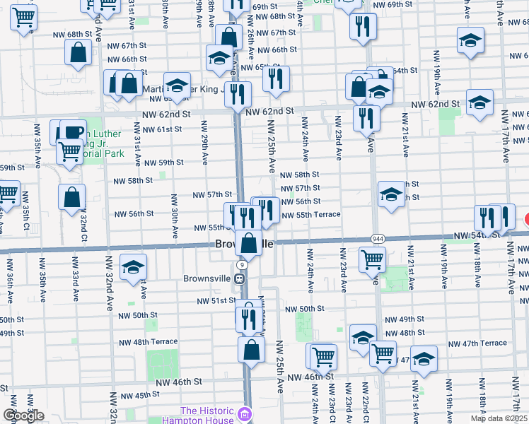 map of restaurants, bars, coffee shops, grocery stores, and more near 2559 Northwest 55th Terrace in Miami